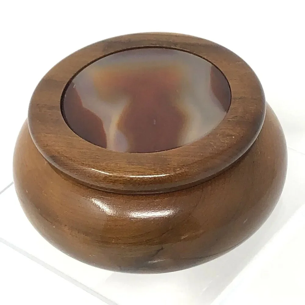 VTG Hand Crafted Wood Trinket Box w/ Agate Stone Inlay Lid Artisan Made Brazil
